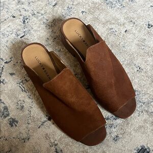 Lucky Brand "Noomrie" Brown Suede Open-Toe Mule Slides, size 9